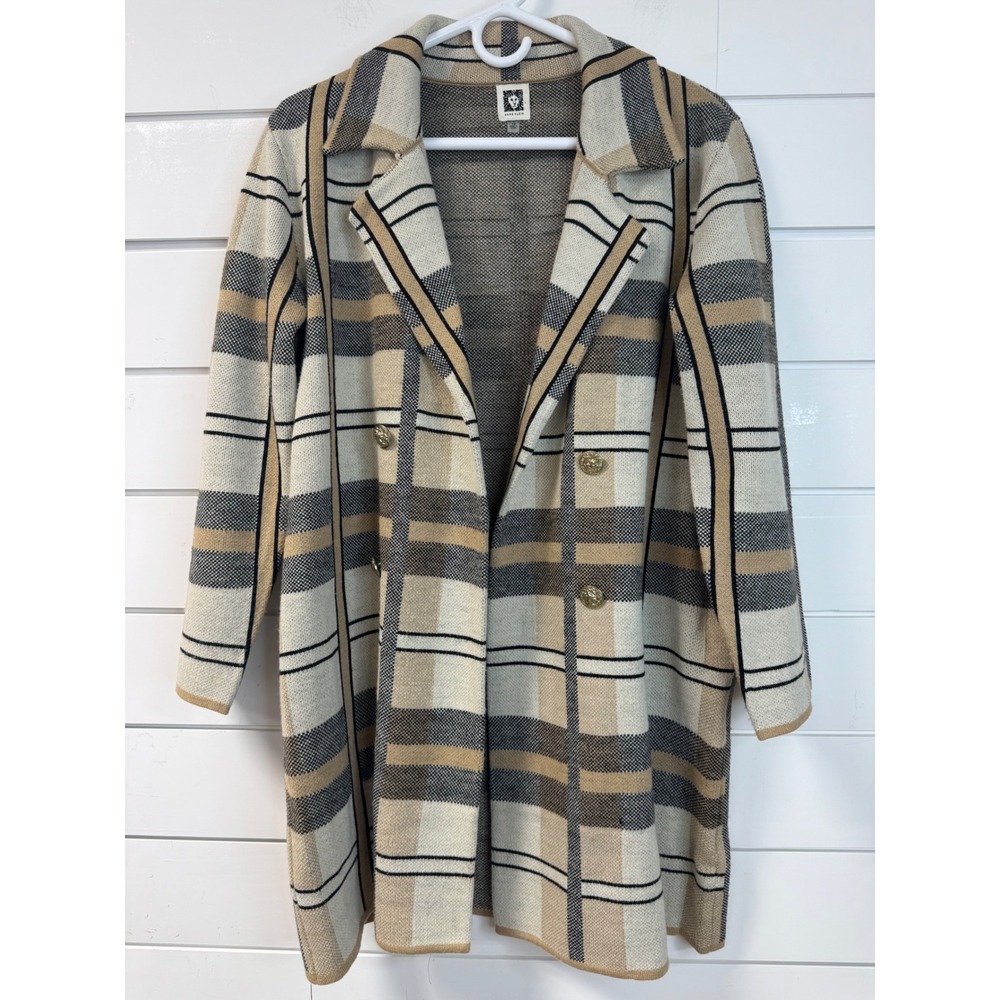 Anne Klein Women 1X Plaid Double Breasted Cardigan Sweater Gold Button Beige
